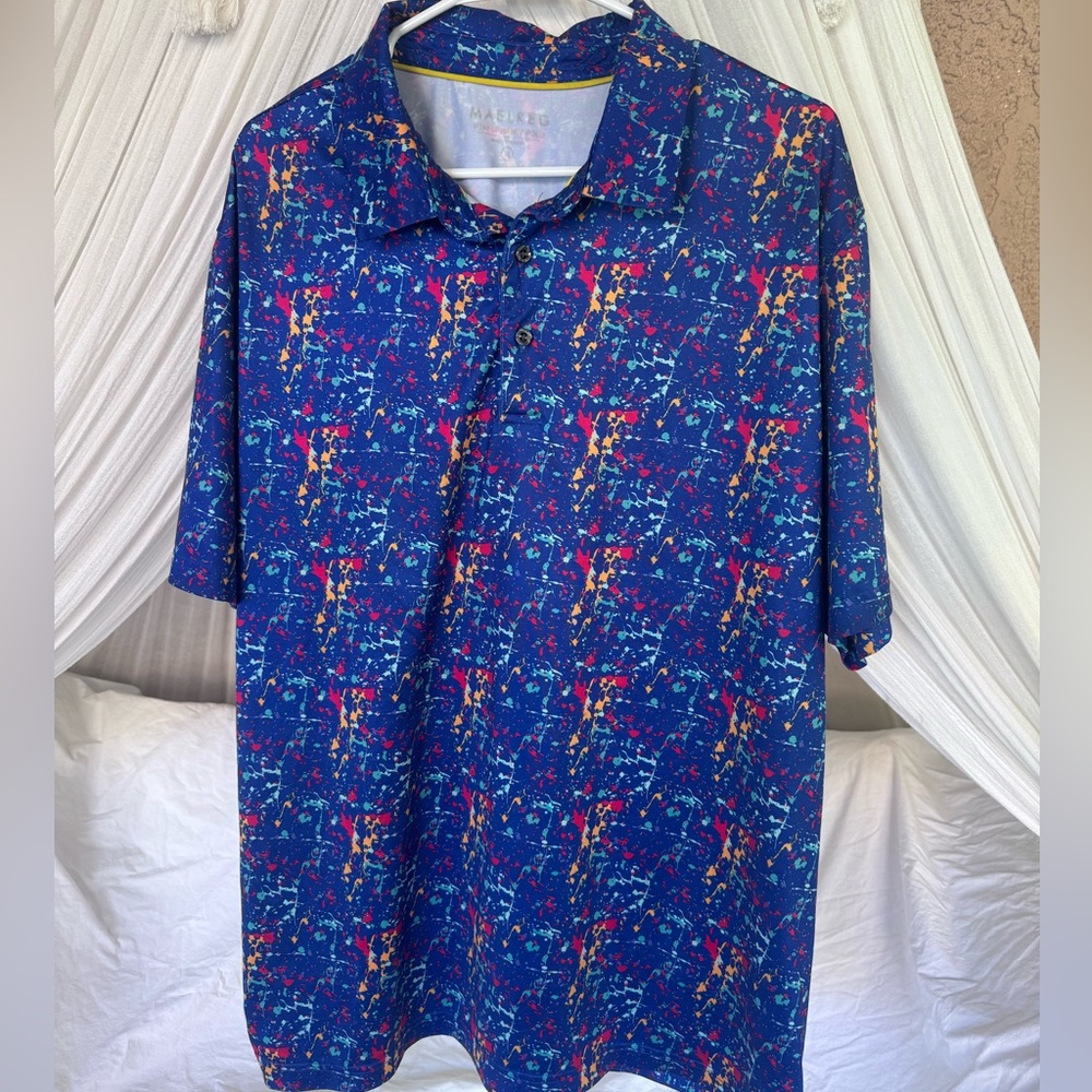Maelreg Men’s Performance Golf Polo Blue/Paint Splatter Print Size XL